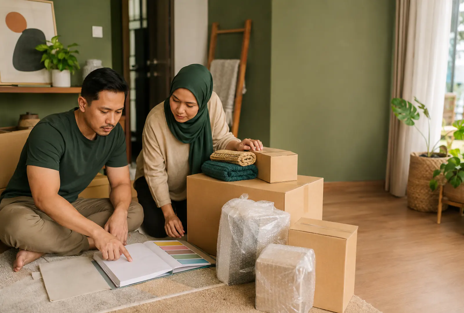 Dua orang dewasa menyediakan inventori bilik kosong dengan tenang di sisi karton barang rumah biasa